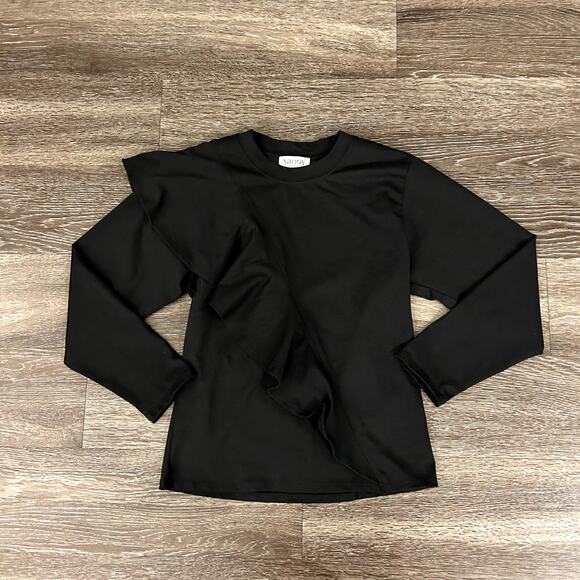 EUC Nation Los Angeles Farrah Top Black Sz XS Asymmetric Ruffle Sleeve Chic Tee - Picture 2 of 16